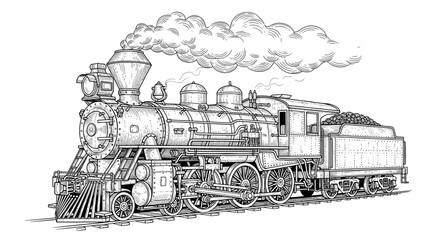 Vintage steam locomotive engine traveling on railway tracks © puan