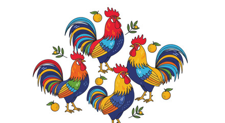 Colorful roosters and oranges in vibrant folk art style © puan