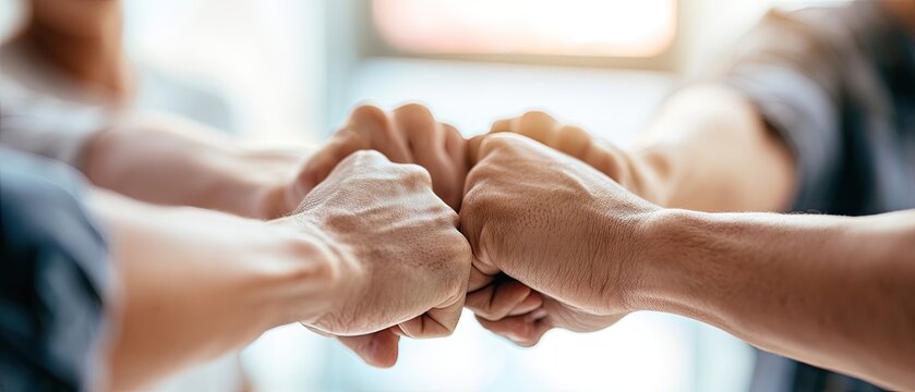 Close-up of diverse hands bumping fists together in a sign of unity and teamwork.