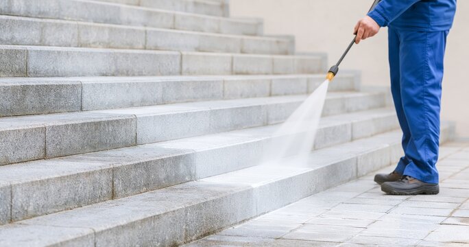 Worker Pressure Washing Outdoor Stone Steps
