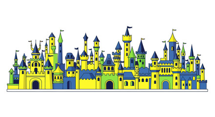 Fantasy medieval kingdom skyline with colorful towers and flags © puan