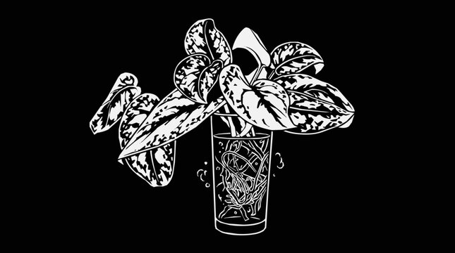 Minimalist line art illustration of a plant cutting during water propagation and herb propagation showing a healthy root system in a glass vase.