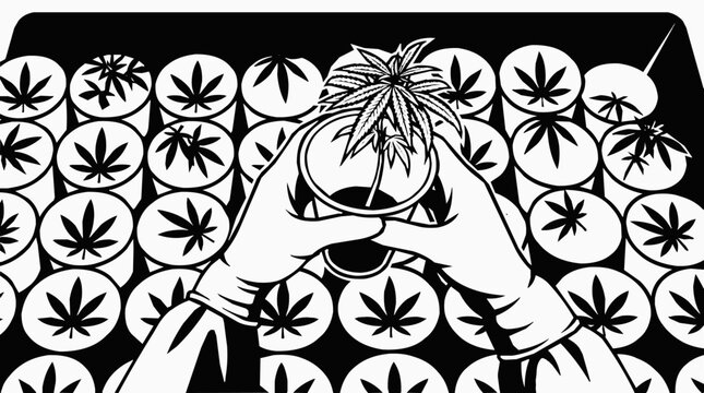 Professional cannabis seedling cultivation and herb propagation shown with gloved hands holding a small plant pot in an indoor nursery