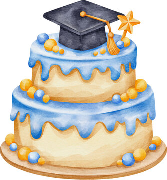 Watercolor graduation cake hand painted clipart illustration