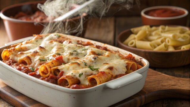 Baked ziti topped with mozzarella and ricotta cheese served with marinara sauce and pasta on a wooden table