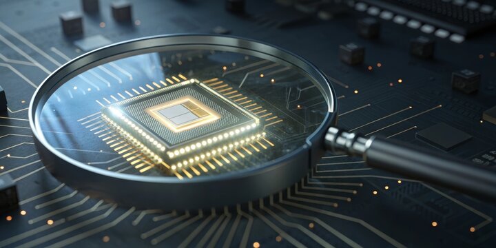 Biochip with micro needles illuminated under magnifying glass reveals intricate technology at a research lab setting