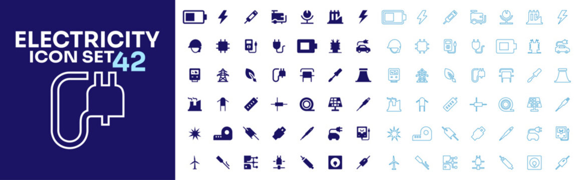 Electricity and power energy vector collection featuring flat and line outline icons for industrial web design projects.