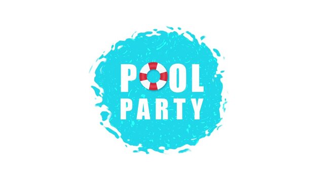 Pool Party bold text animation with animated turquoise water splash texture and life buoy icon, vibrant summer motion graphic for party and pool content