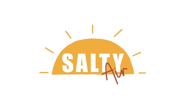Salty Air text animation with sun silhouette icon, bold block letters and script font, beach motion graphic on white background for coastal content