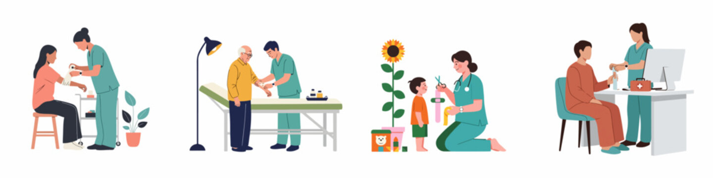 Collection of medical illustrations showing nurses and doctors providing first aid, bandaging wounds, and caring for diverse patients of all ages.