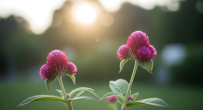 Vibrant pink globe amaranth blossoms glow in warm sunlight against a blurred green background