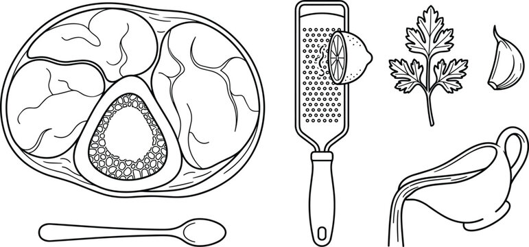 Italian Osso Buco and Gremolata Ingredients Vector Set featuring Raw Beef Shank Bone Marrow Spoon Zester Lemon Parsley Garlic and Pouring Sauce