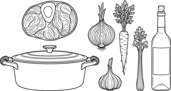 Italian Osso Buco Braising Ingredients Vector Set with Raw Beef Shank Casserole Pot Whole Onion Carrot Celery Stalk Garlic and Wine Bottle