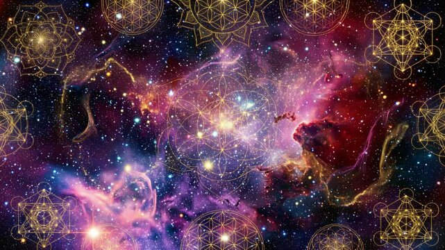 Universe showing nebulae stars flower of life and metatrons cube patterns representing creation and spirituality.
