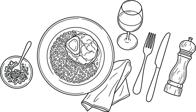 Italian Osso Buco with Risotto Alla Milanese Dinner Vector Set featuring Braised Shank Plate Wine Glass Gremolata Herb Bowl and Pepper Mill