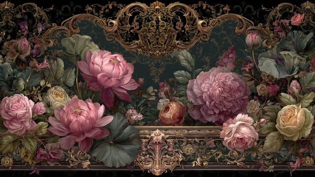 Ornate golden frame and lush pink flowers on a dark luxurious background