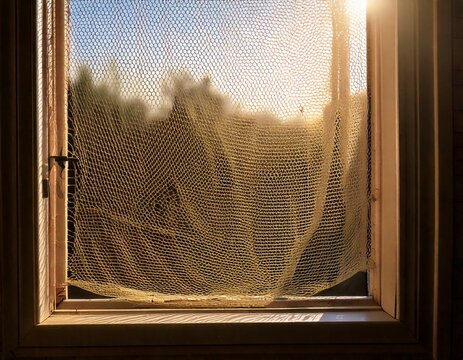 Torn window screen with golden sunset light shining through or old broken mosquito net texture background.