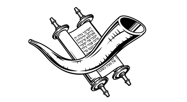 Jewish Torah Scroll and Shofar Horn Vector Illustration