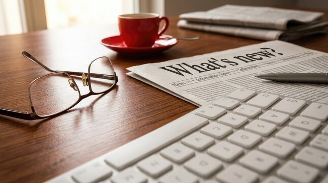 Desk with newspaper coffee cup glasses and keyboard for morning news reading