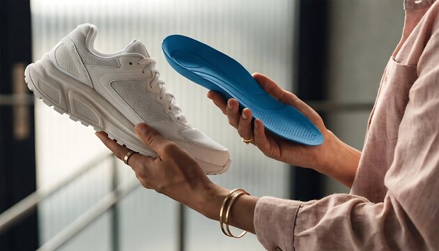 White athletic shoe and blue insole held in hands close up photo with blurred background sneaker running footwear sports trainer orthotic insert