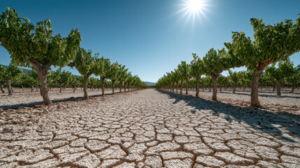 Fototapeta premium Rows of grapevine under harsh sunlight cracked dry soil drought green leaves vineyard agriculture summer climate change