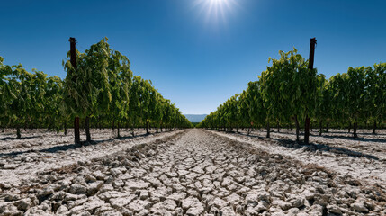 Fototapeta premium Rows of grapevine under harsh sunlight cracked dry soil vineyard landscape drought agriculture summer blue sky rural