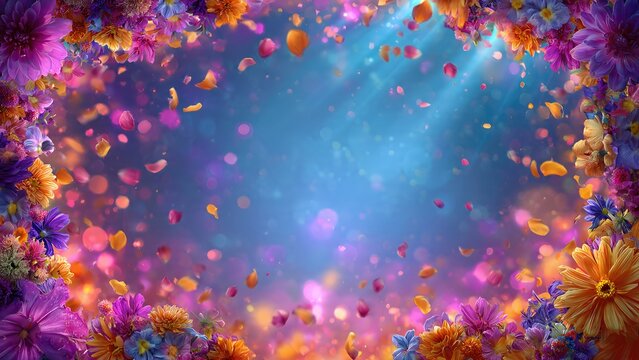 Colorful floral frame with falling petals for Indian festival celebration