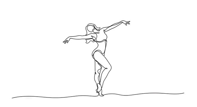 Continuous black line drawing depicts a female figure executing an expressive dance movement