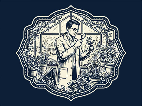 Man in lab coat examining plant.
