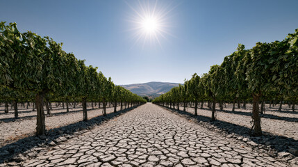 Fototapeta premium Rows of grapevine under harsh sunlight, cracked dry soil, vineyard landscape, drought, agriculture, summer, mountain background