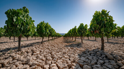 Fototapeta premium Rows of grapevine dry cracked soil vineyard green leaf agriculture sunny blue sky summer outdoor landscape