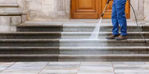 Obraz premium Worker Pressure Washing Stone Steps Outdoors