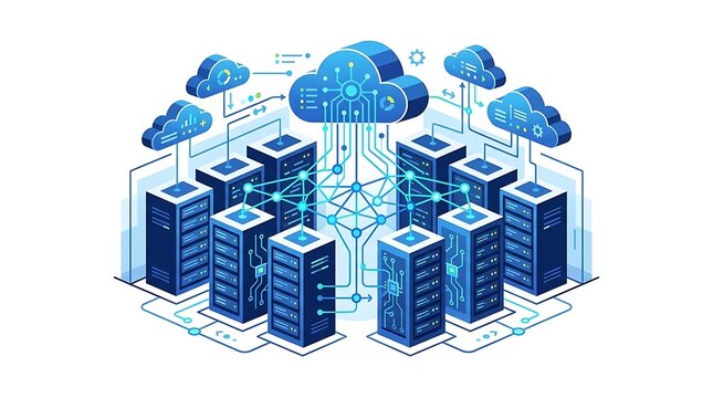 Isometric server rack units connected to a central cloud network showing advanced data processing and complex digital information storage systems