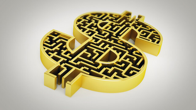 Dollar shaped maze isolated on white background. 3D illustration