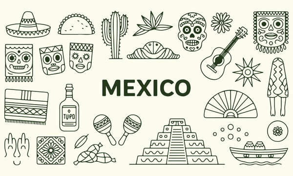 Mexico themed set with sombrero, cactus, skull, guitar, and pyramid