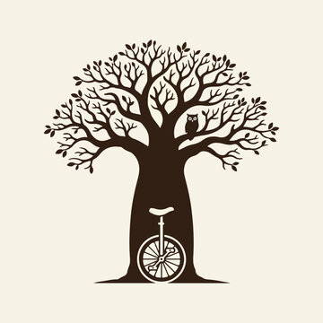 Tree with bicycle and owl silhouette.