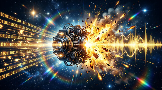 Complex metallic object with radiating energy and binary code in a cosmic setting
