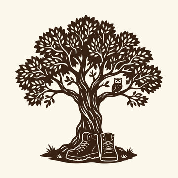 Tree with boots and owl sitting.