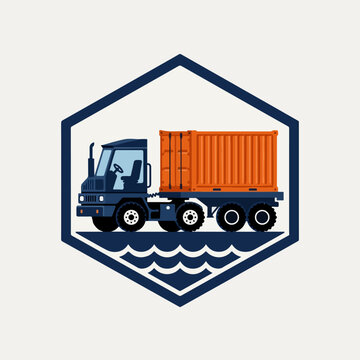 Truck with orange shipping container.