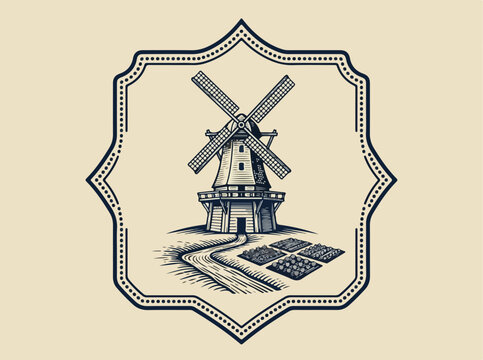 Vintage Windmill Solar Panel Illustration.