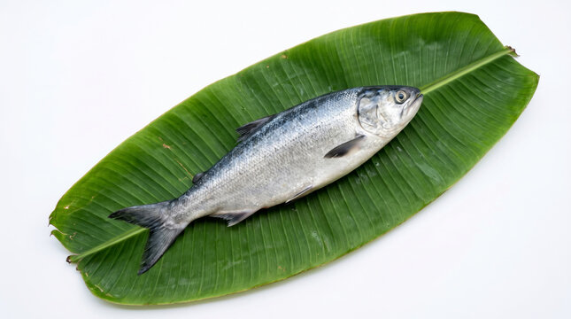 Fresh seer fish on banana leaf isolated on white background