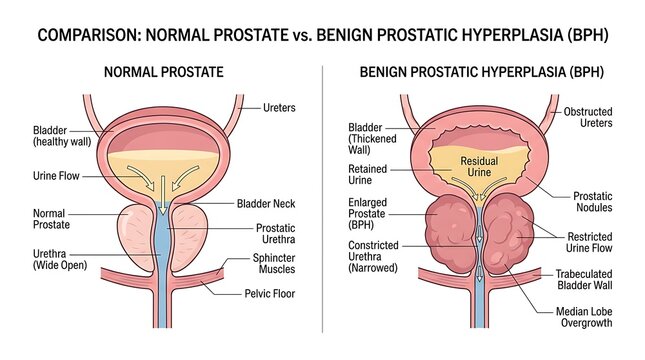 Comparison of normal prostate versus benign prostatic hyperplasia anatomy