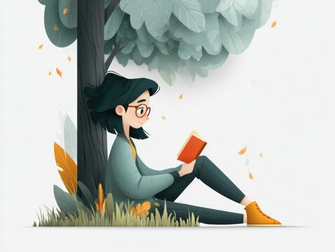 Woman reading book under tree in peaceful outdoor illustration
