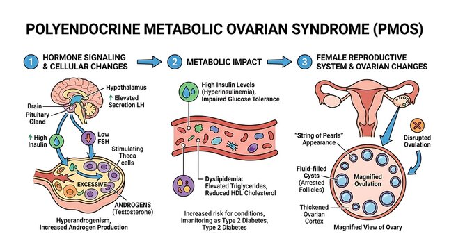 Medical illustration of polyendocrine metabolic ovarian syndrome progression