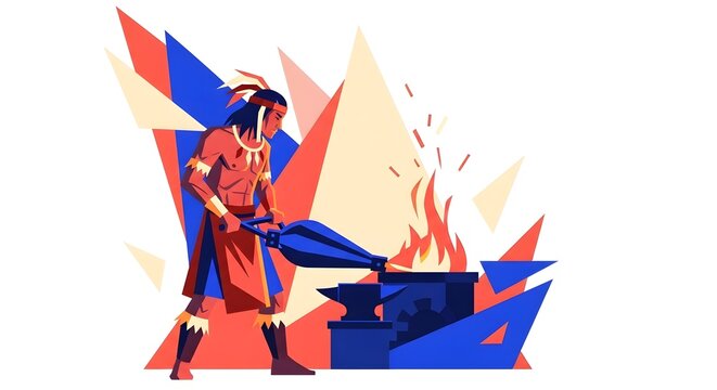 Blacksmith uses bellows to stoke a fire in a forge to prepare metal for traditional crafting in an artistic vector illustration.