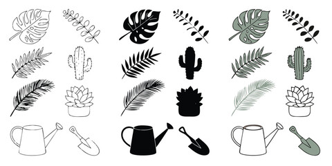 Set of gardening and tropical plant icons including monstera, palm leaf, cactus, watering can, and shovel in various styles © Sadhin07