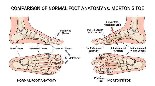 Anatomical comparison of normal foot anatomy and morton's toe deformity