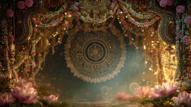 Golden temple altar backdrop with pink lotus flowers and glowing lights decorated for traditional Hindu festival celebration