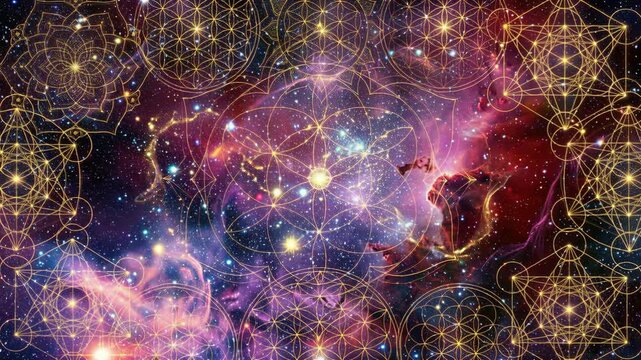 Spiritual gold geometric patterns overlaying a starry cosmos Mandala shapes and the flower of life connecting us to the universe.