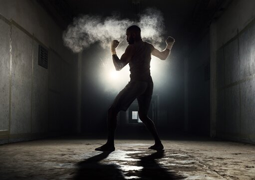 Dramatic silhouette of a strong male boxer throwing a punch with flying dust in a dark underground gym corridor, or intense fighter shadowboxing for competitive martial arts fitness lifestyle.